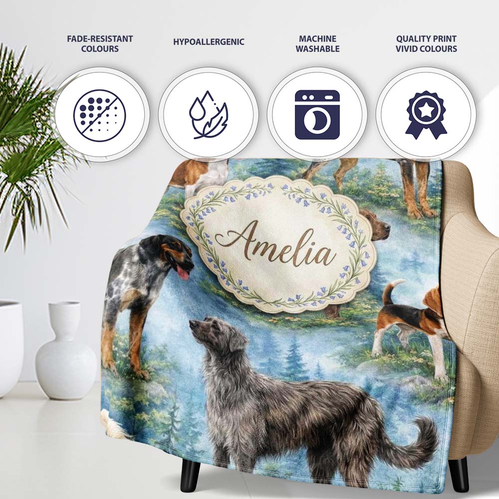 Watercolor Hunting Dogs Forest Nature Seamless Pattern Lovely  Personalised Custom Name Super Soft Fleece Blanket Bed Sofa Throw