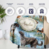 Watercolor Hunting Dogs Forest Nature Seamless Pattern Lovely  Personalised Custom Name Super Soft Fleece Blanket Bed Sofa Throw