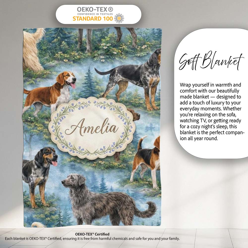Watercolor Hunting Dogs Forest Nature Seamless Pattern Lovely  Personalised Custom Name Super Soft Fleece Blanket Bed Sofa Throw