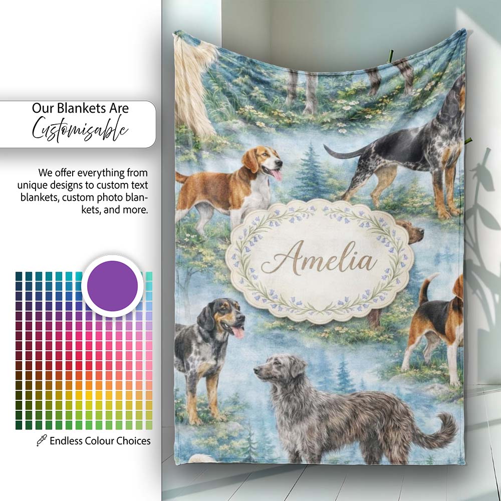 Watercolor Hunting Dogs Forest Nature Seamless Pattern Lovely  Personalised Custom Name Super Soft Fleece Blanket Bed Sofa Throw