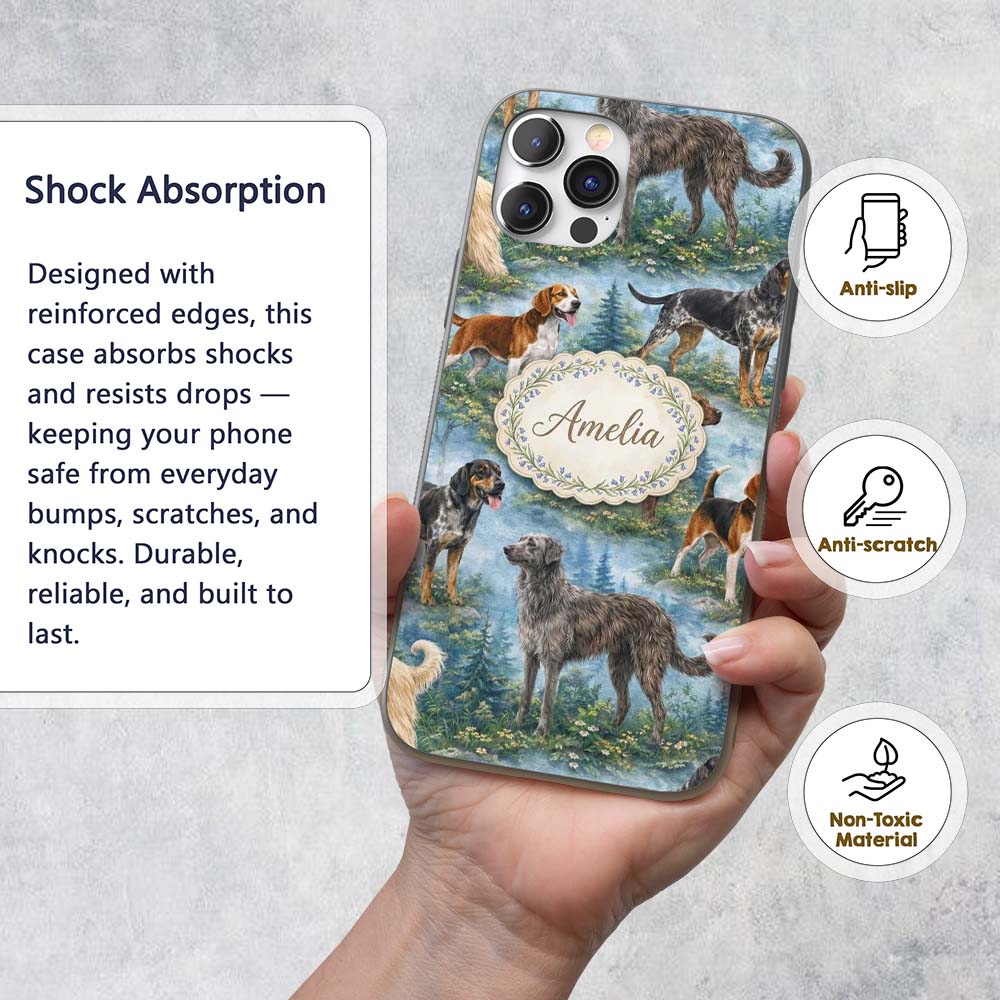 Watercolor Hunting Dogs Forest Nature Seamless Custom Name Protective Phone Case Mobile Cover Durable Everyday Smartphone Shock Resistant