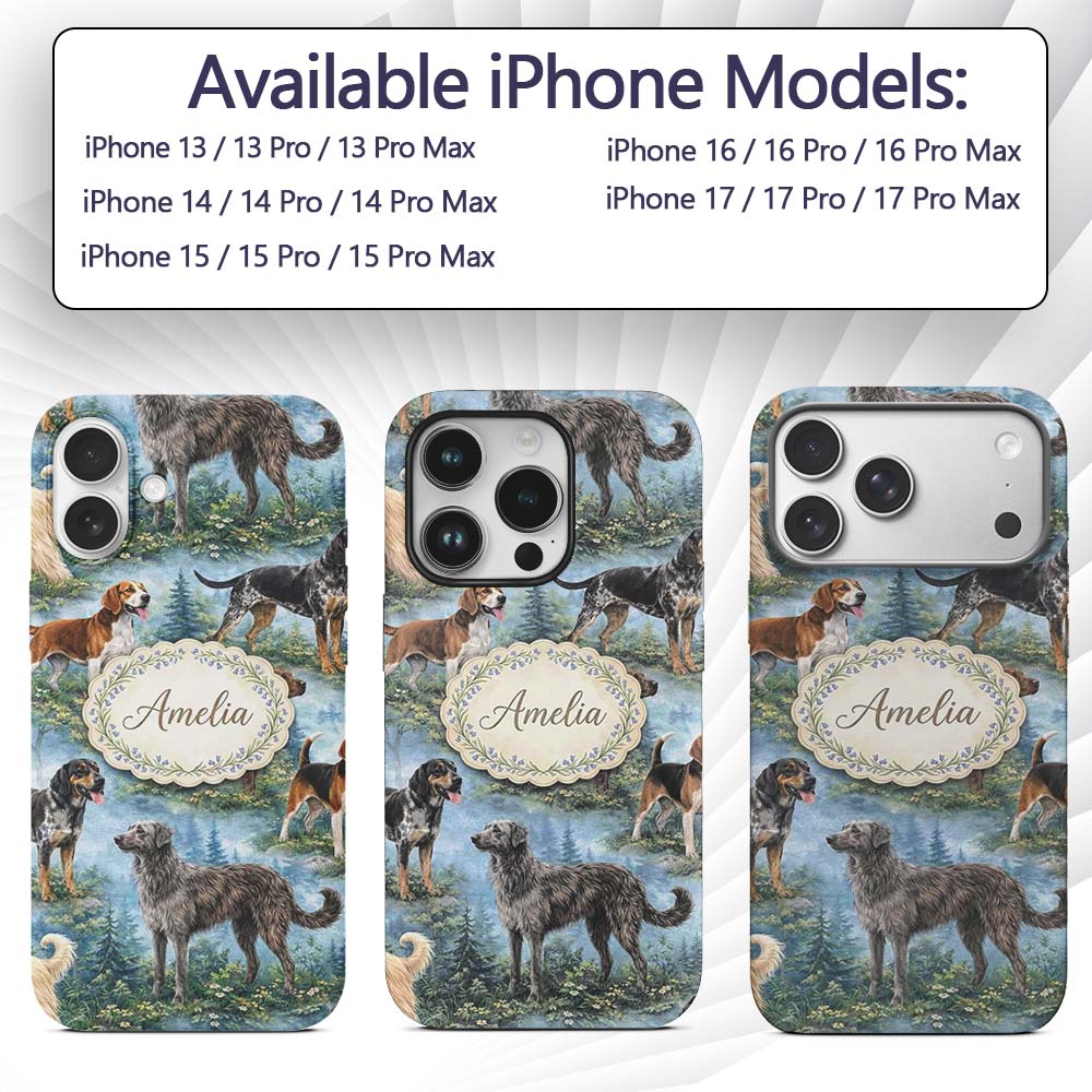 Watercolor Hunting Dogs Forest Nature Seamless Custom Name Protective Phone Case Mobile Cover Durable Everyday Smartphone Shock Resistant