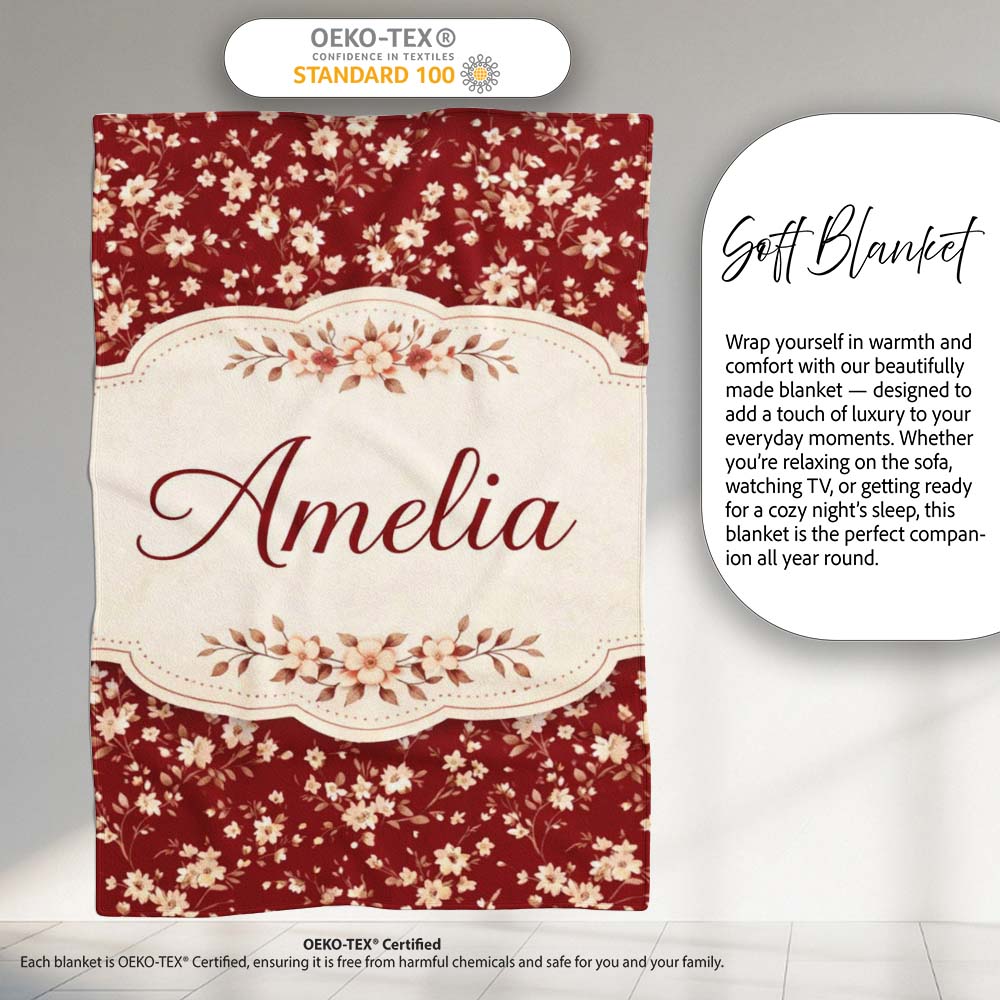 Red Small Floral Seamless Pattern Perfect Gift for Her Lovely  Personalised Custom Name Super Soft Fleece Blanket Bed Sofa Throw