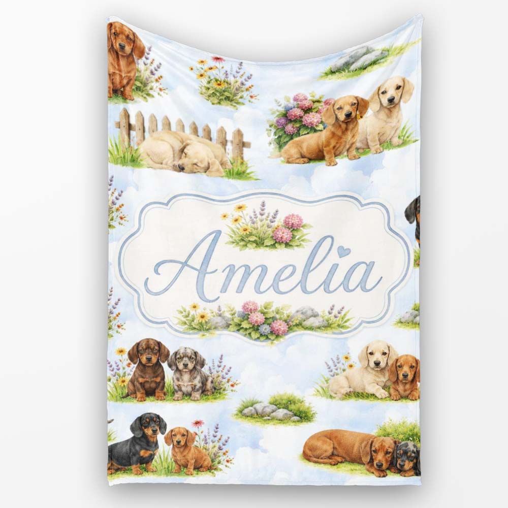 Cute Dachshund Puppy Garden Floral Seamless Pattern Cute Unique Gift  Personalised Custom Name Super Soft Fleece Blanket Bed Sofa Throw