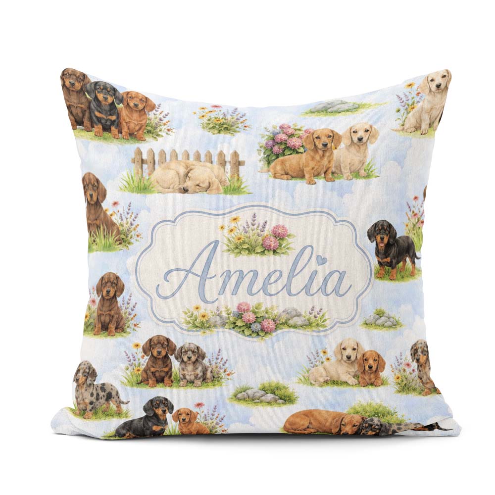 Custom Name Cute Dachshund Puppy Garden Floral Seamless Pattern Square Filled Cushion Throw Pillow Sofa Bed Home Decor Zip Washable UK Made