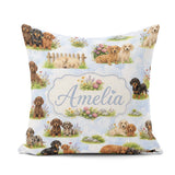 Custom Name Cute Dachshund Puppy Garden Floral Seamless Pattern Square Filled Cushion Throw Pillow Sofa Bed Home Decor Zip Washable UK Made