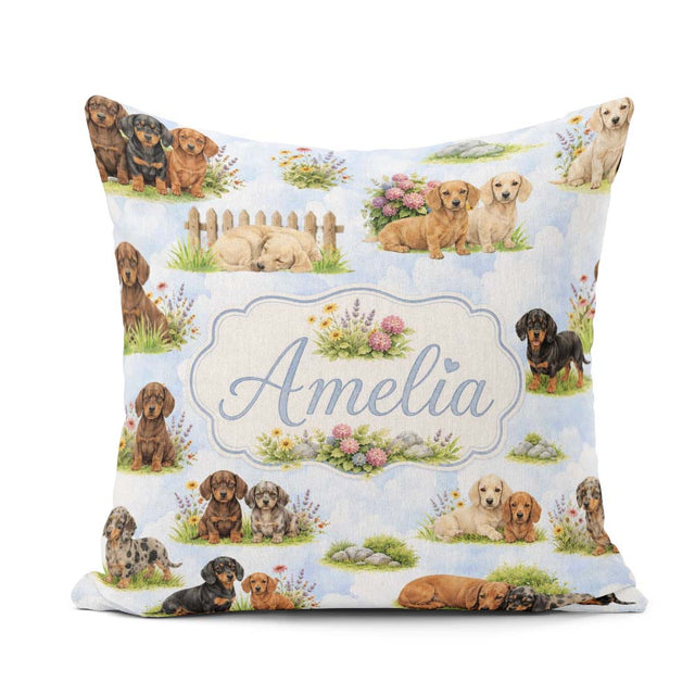 Custom Name Cute Dachshund Puppy Garden Floral Seamless Pattern Square Filled Cushion Throw Pillow Sofa Bed Home Decor Zip Washable UK Made