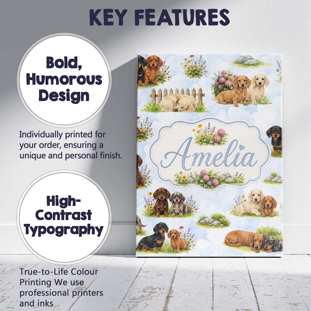 Personalised Name Cute Dachshund Puppy Custom  Modern Room Accent Elegant Feature Canvas Wall Art Print Decor Picture Ready to Hang