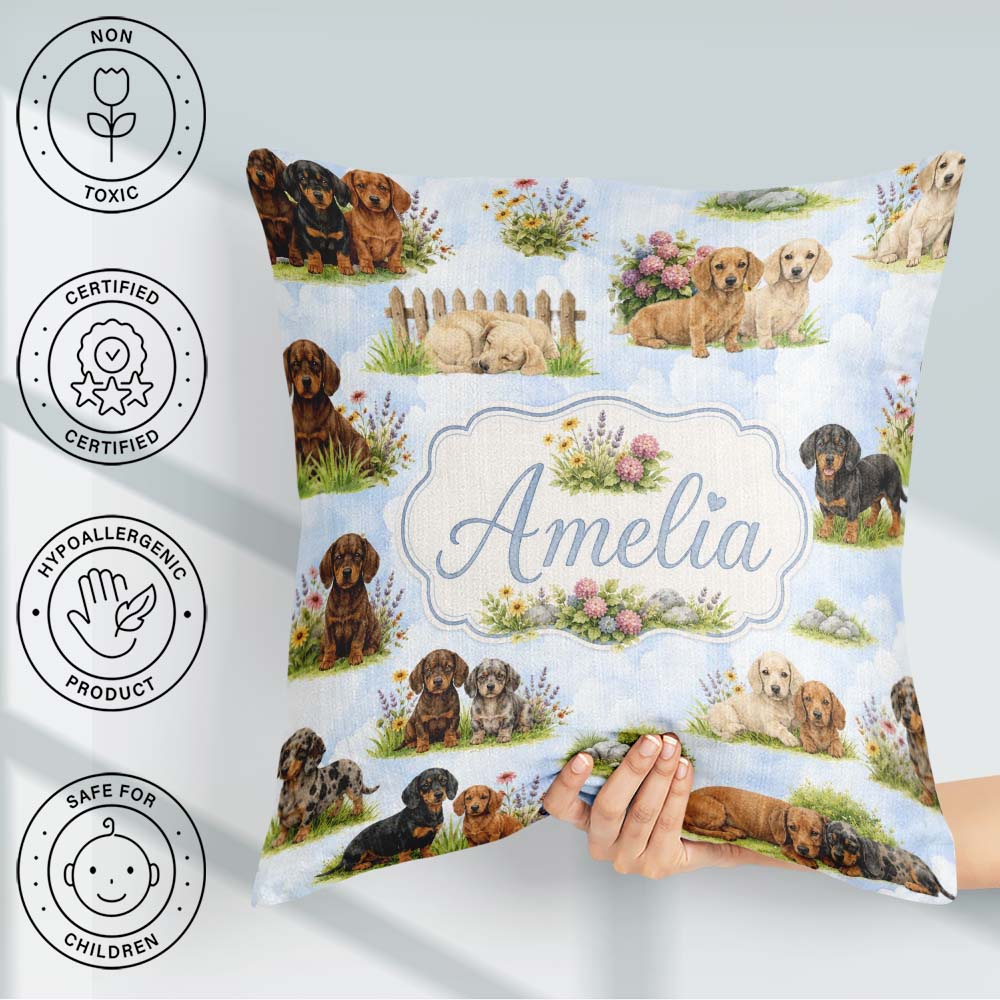 Custom Name Cute Dachshund Puppy Garden Floral Seamless Pattern Square Filled Cushion Throw Pillow Sofa Bed Home Decor Zip Washable UK Made