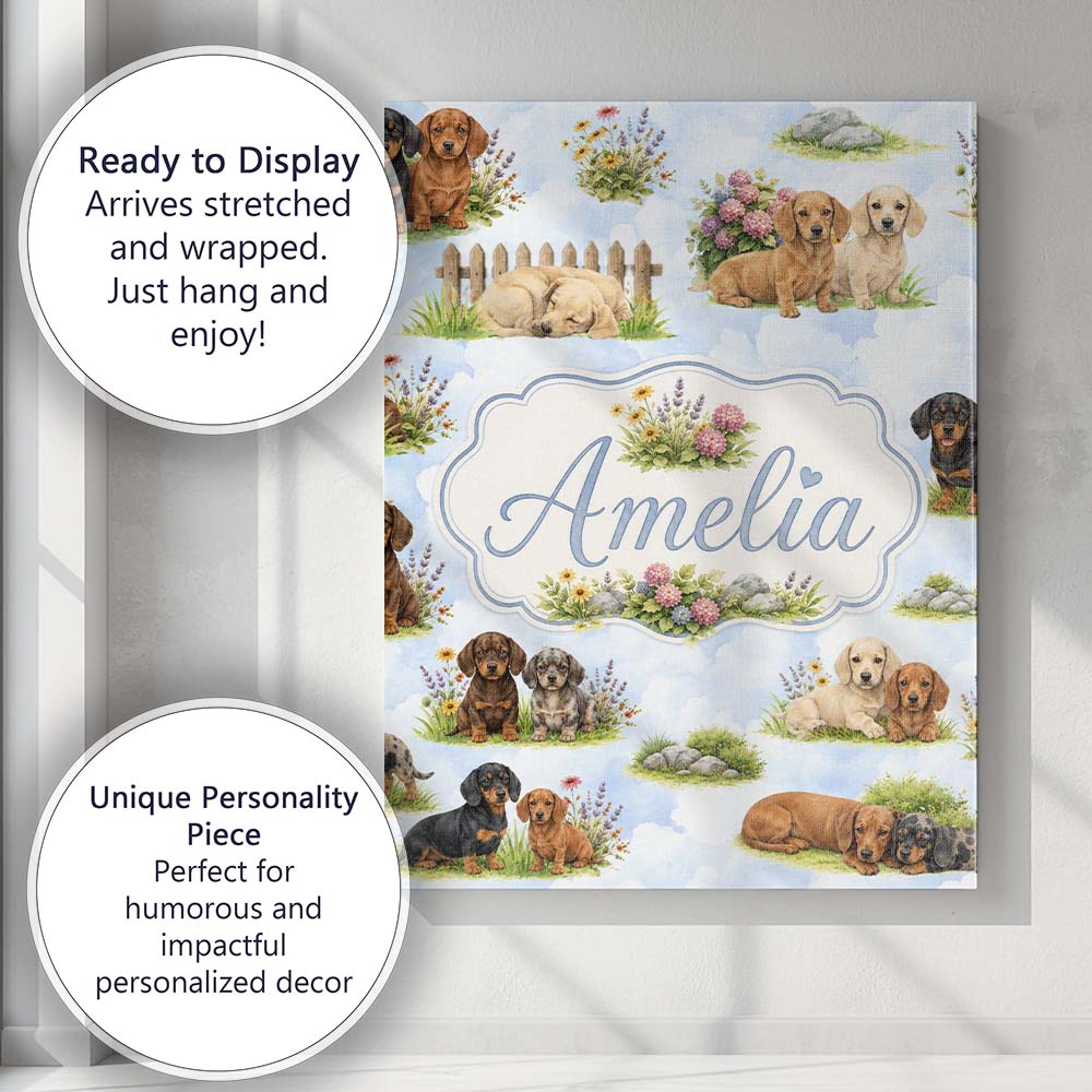 Personalised Name Cute Dachshund Puppy Custom  Modern Room Accent Elegant Feature Canvas Wall Art Print Decor Picture Ready to Hang