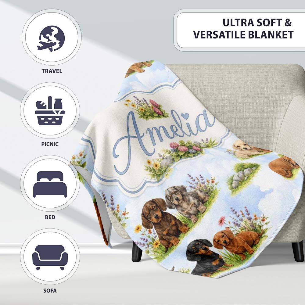 Cute Dachshund Puppy Garden Floral Seamless Pattern Cute Unique Gift  Personalised Custom Name Super Soft Fleece Blanket Bed Sofa Throw