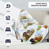 Cute Dachshund Puppy Garden Floral Seamless Pattern Cute Unique Gift  Personalised Custom Name Super Soft Fleece Blanket Bed Sofa Throw