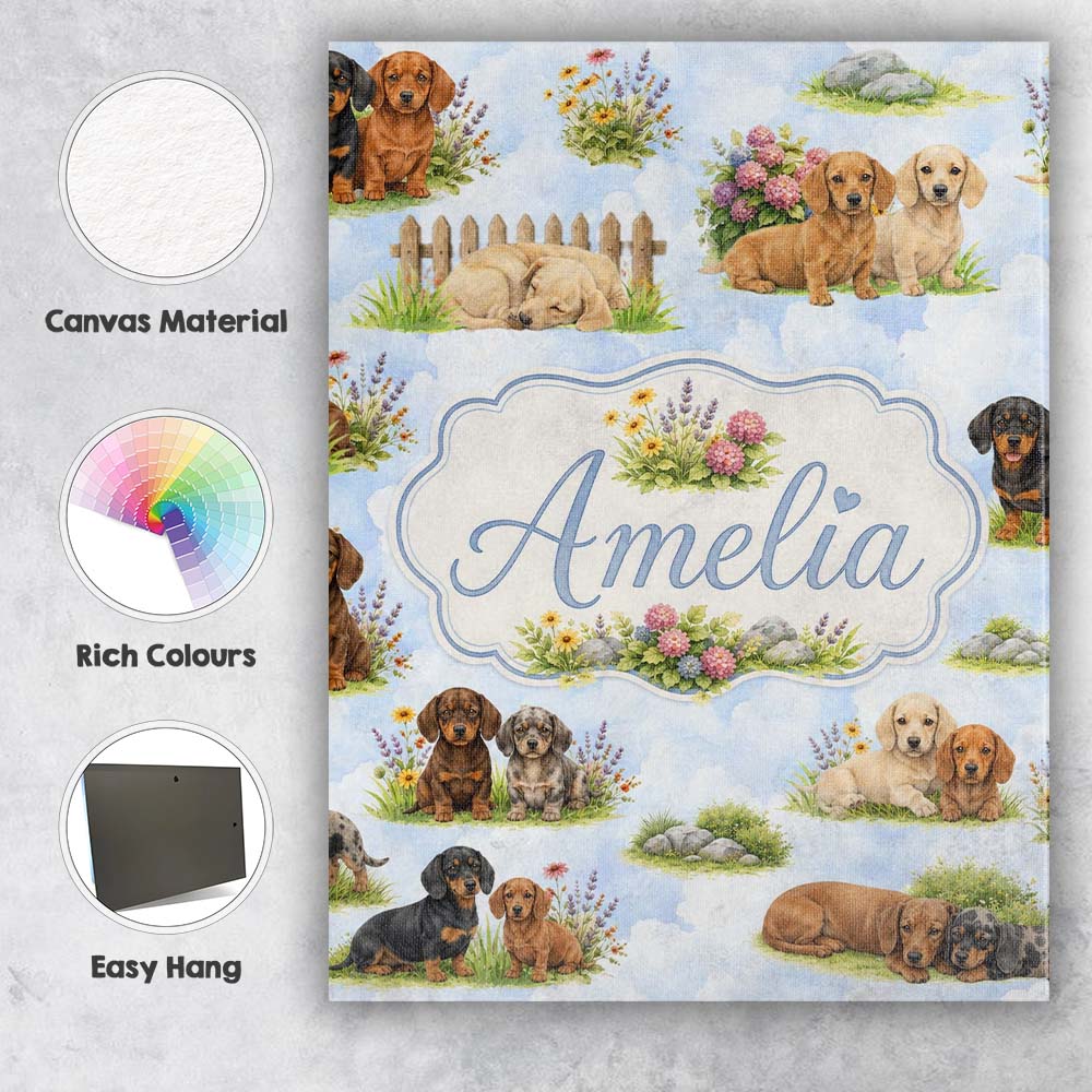 Personalised Name Cute Dachshund Puppy Custom  Modern Room Accent Elegant Feature Canvas Wall Art Print Decor Picture Ready to Hang