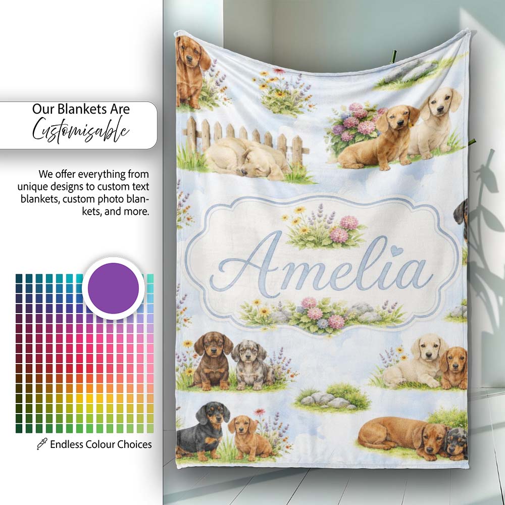 Cute Dachshund Puppy Garden Floral Seamless Pattern Cute Unique Gift  Personalised Custom Name Super Soft Fleece Blanket Bed Sofa Throw