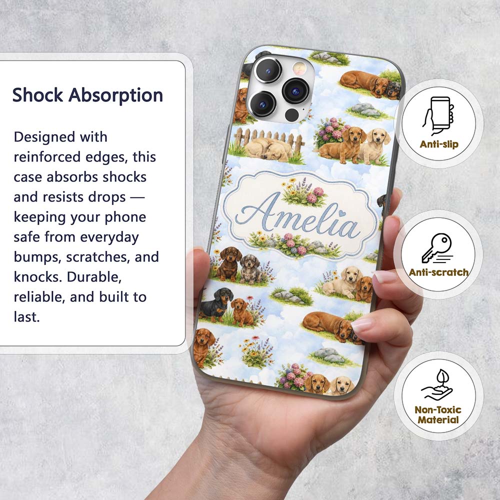 Cute Dachshund Puppy Garden Floral Printed Design Custom Name Protective Phone Case Mobile Cover Durable Everyday Smartphone Shock Resistant