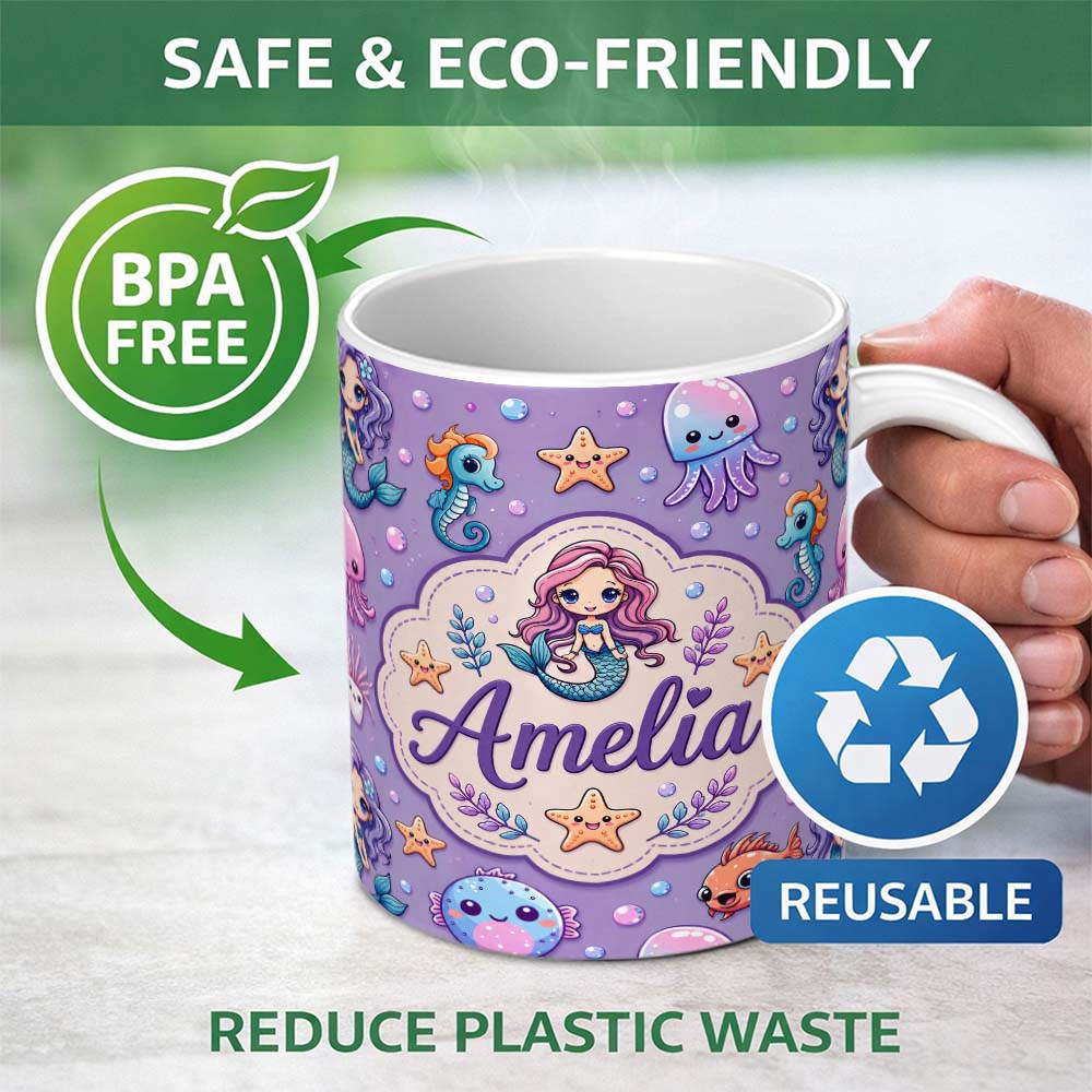 Personalized Custom Name Cute Cartoon Mermaid with Sea Creatures on Purple Background Playful 11oz Ceramic Coffee Tea Mug White Large Handle