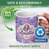Personalized Custom Name Cute Cartoon Mermaid with Sea Creatures on Purple Background Playful 11oz Ceramic Coffee Tea Mug White Large Handle