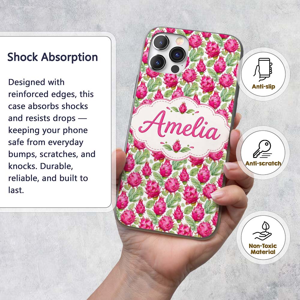 Watercolor Dragon Fruit Tropical Seamless Pattern Custom Name Protective Phone Case Mobile Cover Durable Everyday Smartphone Shock Resistant