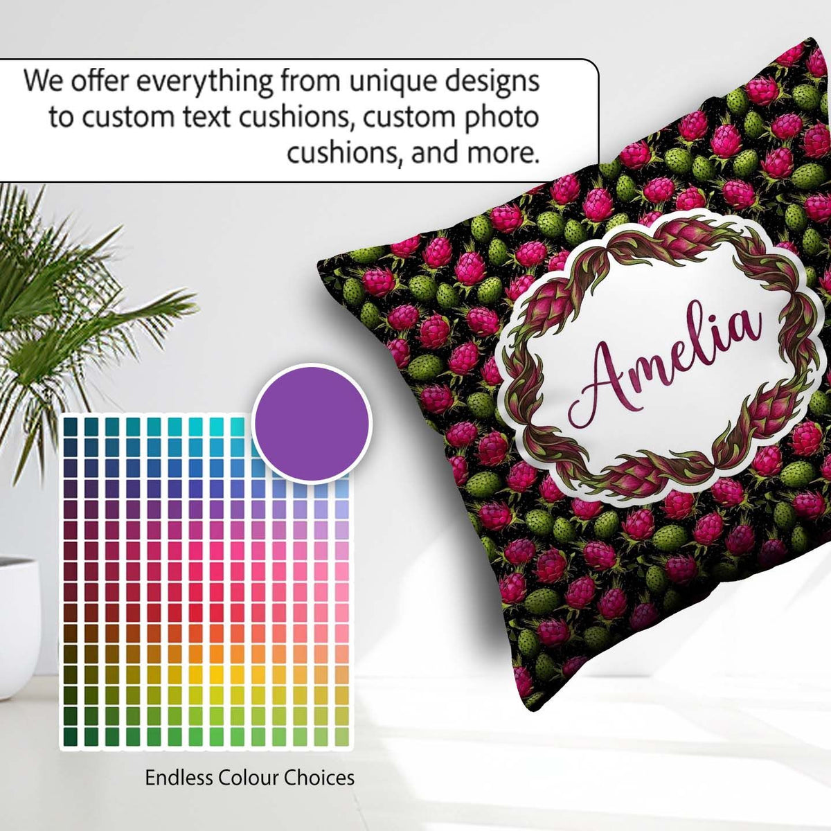 Custom Name Dragon Fruit and Cactus Fruit Pattern on Background Square Filled Cushion Throw Pillow Sofa Bed Home Decor Zip Washable UK Made