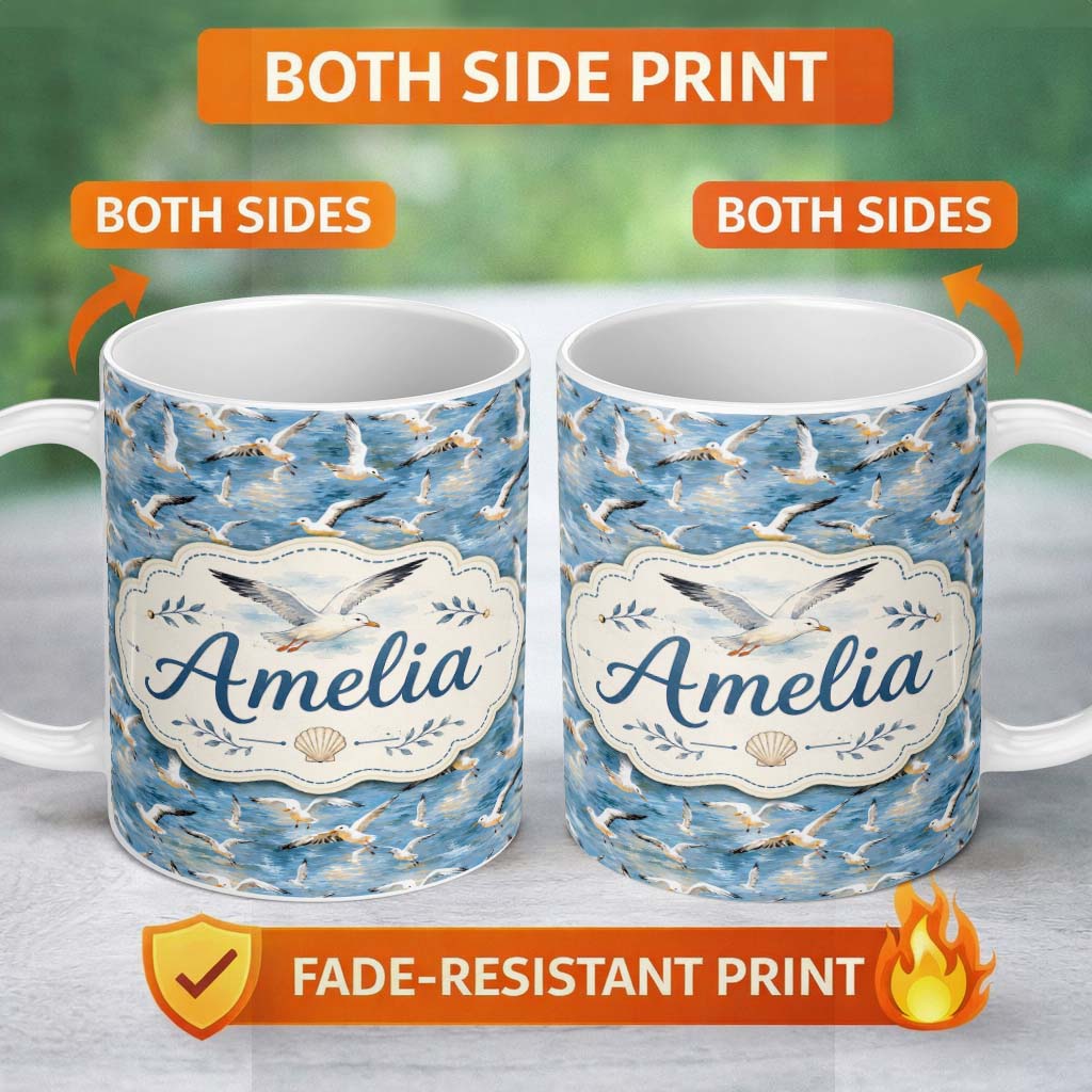 Personalized Custom Name Soft Watercolor Seagulls in Flight Over Sea Seamless Pattern Lovely 11oz Ceramic Coffee Tea Mug White Large Handle