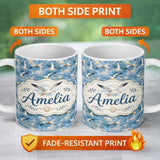 Personalized Custom Name Soft Watercolor Seagulls in Flight Over Sea Seamless Pattern Lovely 11oz Ceramic Coffee Tea Mug White Large Handle