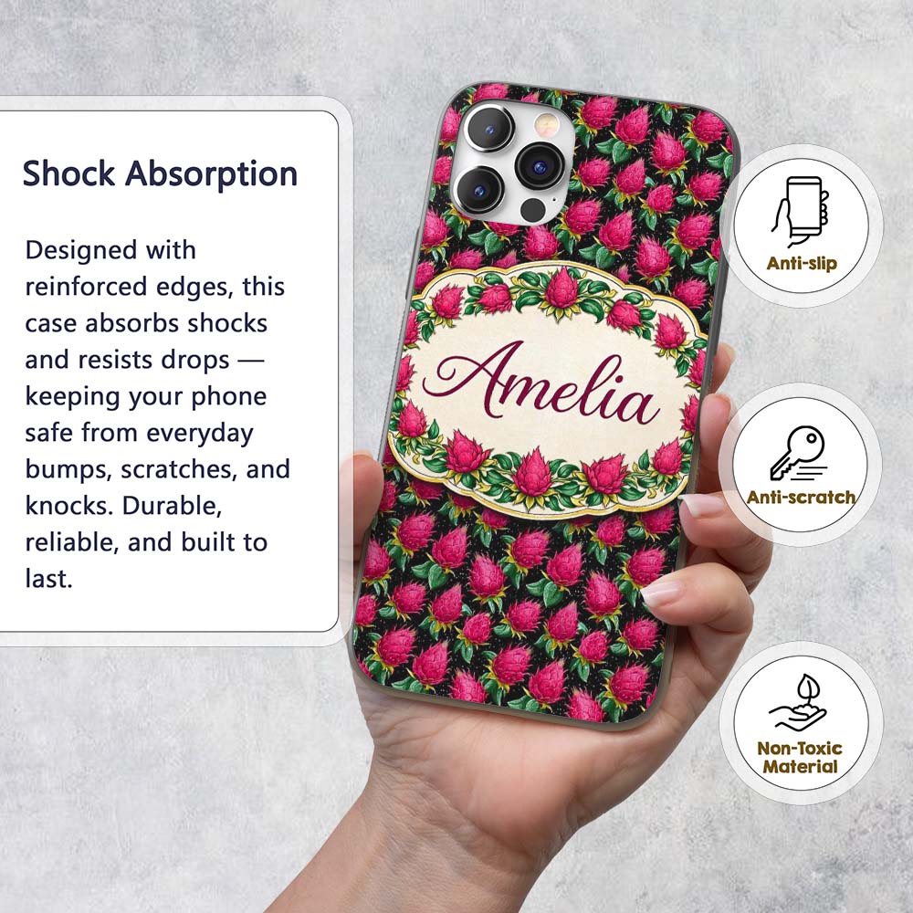 Dragon Fruit Pattern with Green Leaves on Dark Custom Name Protective Phone Case Mobile Cover Durable Everyday Smartphone Shock Resistant