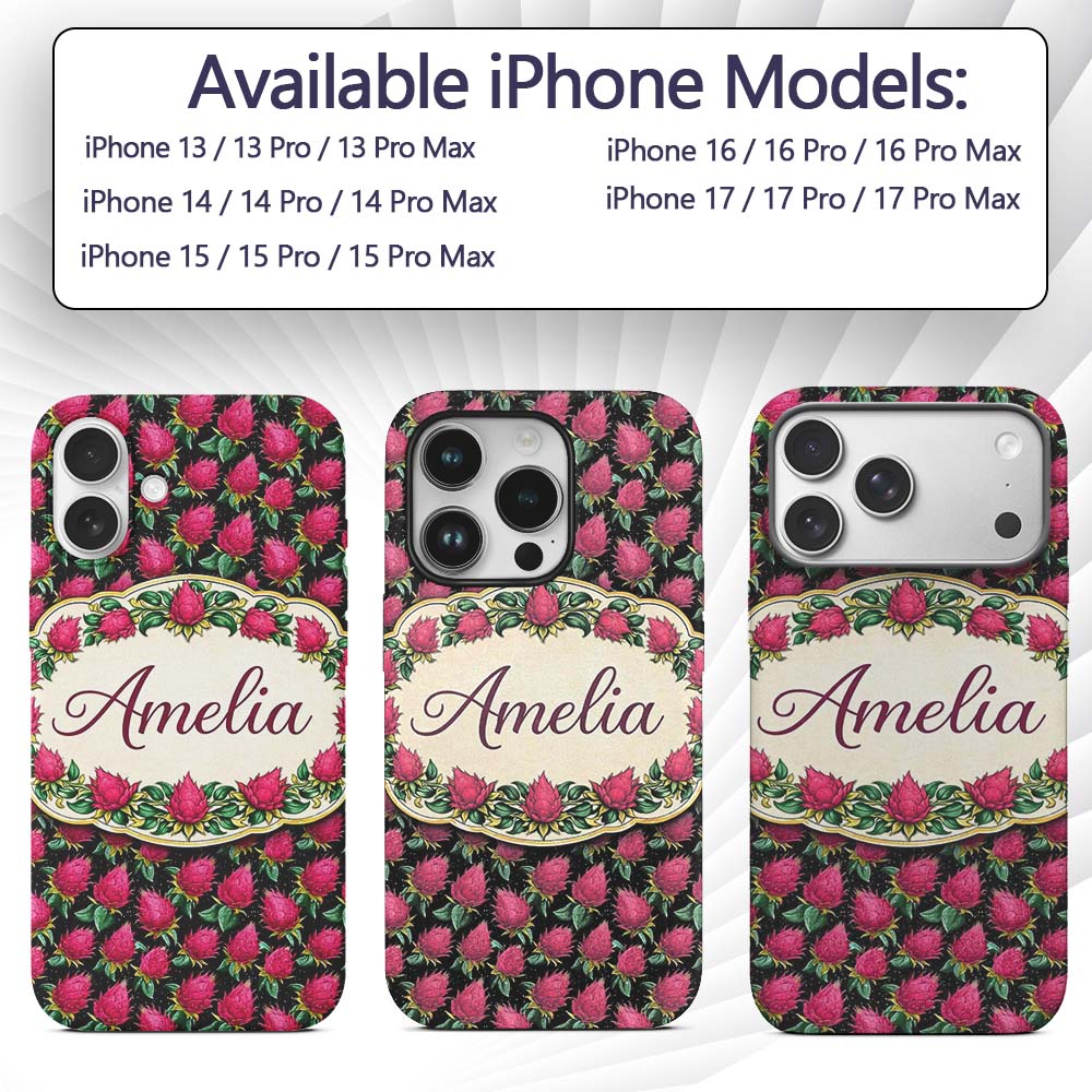 Dragon Fruit Pattern with Green Leaves on Dark Custom Name Protective Phone Case Mobile Cover Durable Everyday Smartphone Shock Resistant