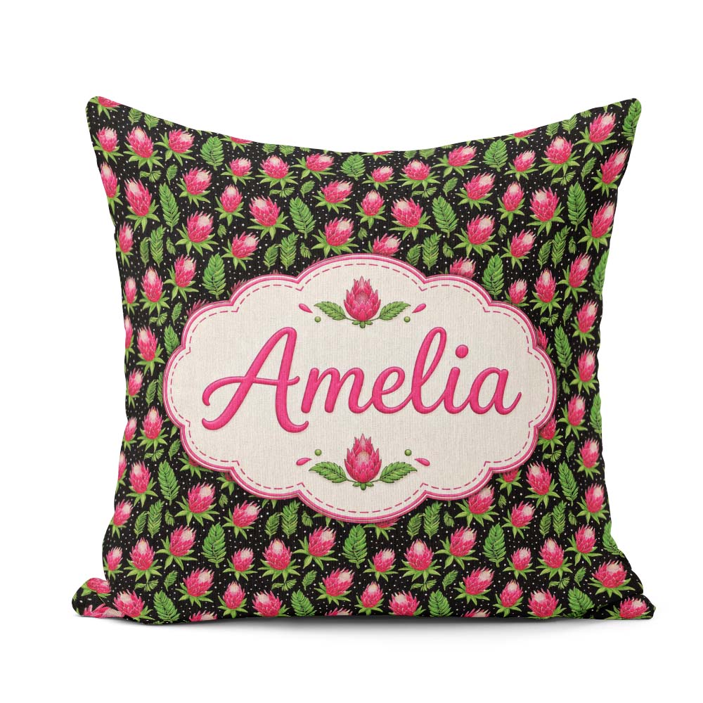 Custom Name Protea Flower and Fern Leaf Pattern on Black Lovely Square Filled Cushion Throw Pillow Sofa Bed Home Decor Zip Washable UK Made