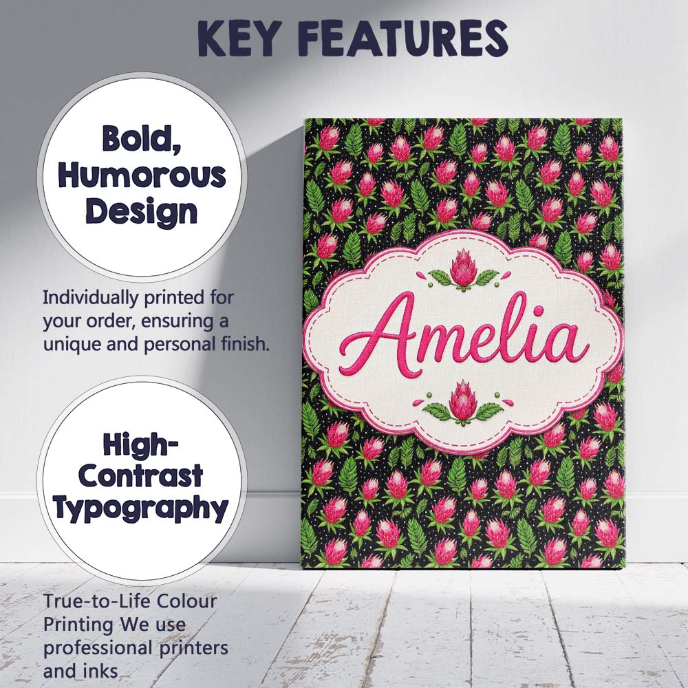 Personalised Name Protea Flower and Fern Custom  Unique Gift Idea Elegant Feature Canvas Wall Art Print Decor Picture Ready to Hang