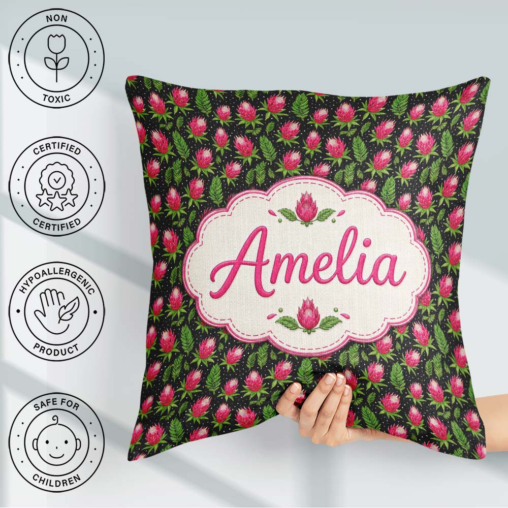 Custom Name Protea Flower and Fern Leaf Pattern on Black Lovely Square Filled Cushion Throw Pillow Sofa Bed Home Decor Zip Washable UK Made