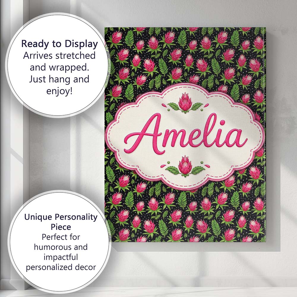 Personalised Name Protea Flower and Fern Custom  Unique Gift Idea Elegant Feature Canvas Wall Art Print Decor Picture Ready to Hang