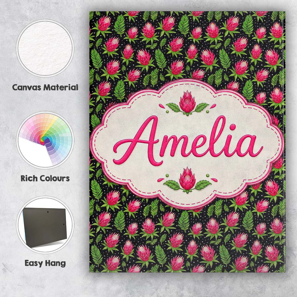 Personalised Name Protea Flower and Fern Custom  Unique Gift Idea Elegant Feature Canvas Wall Art Print Decor Picture Ready to Hang