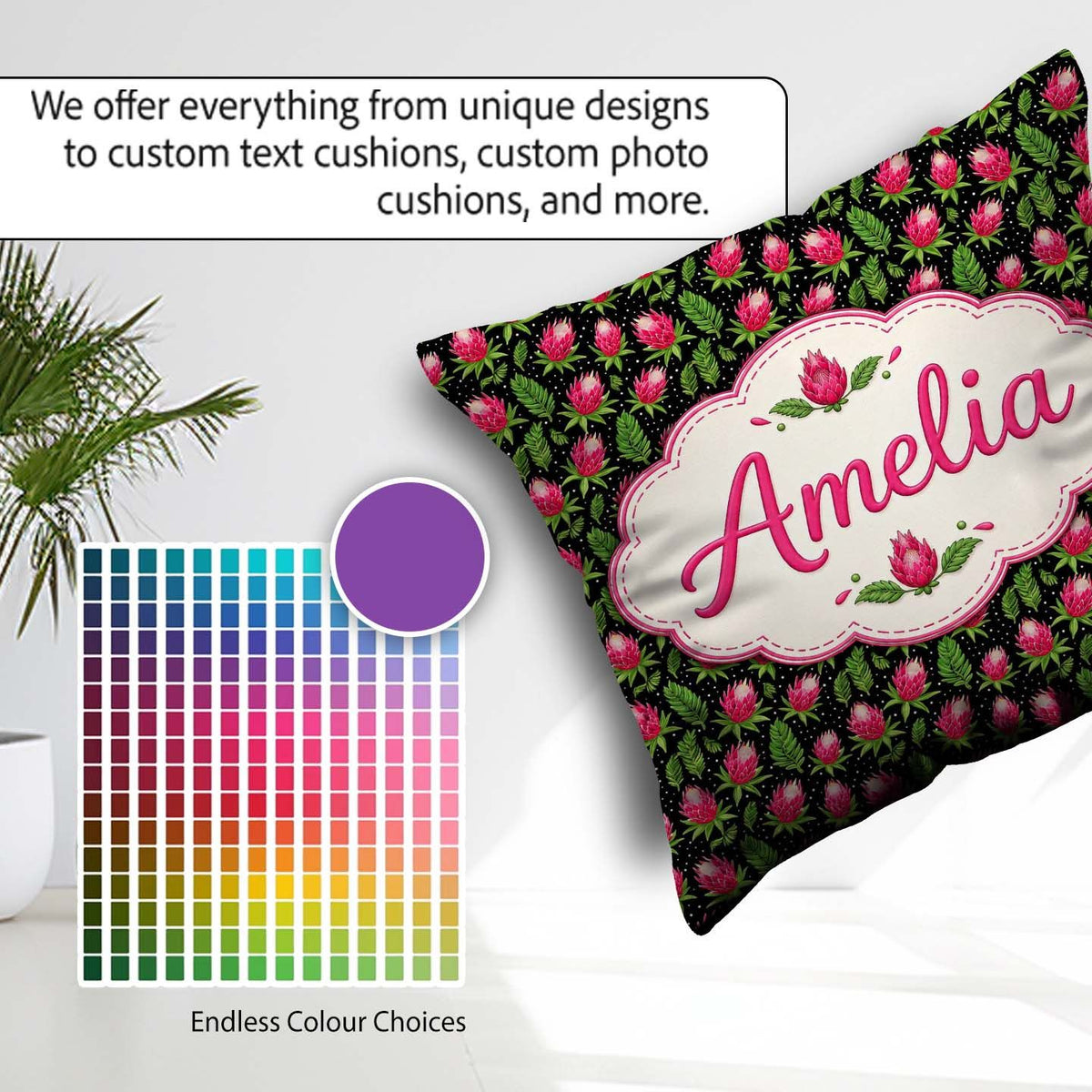 Custom Name Protea Flower and Fern Leaf Pattern on Black Lovely Square Filled Cushion Throw Pillow Sofa Bed Home Decor Zip Washable UK Made