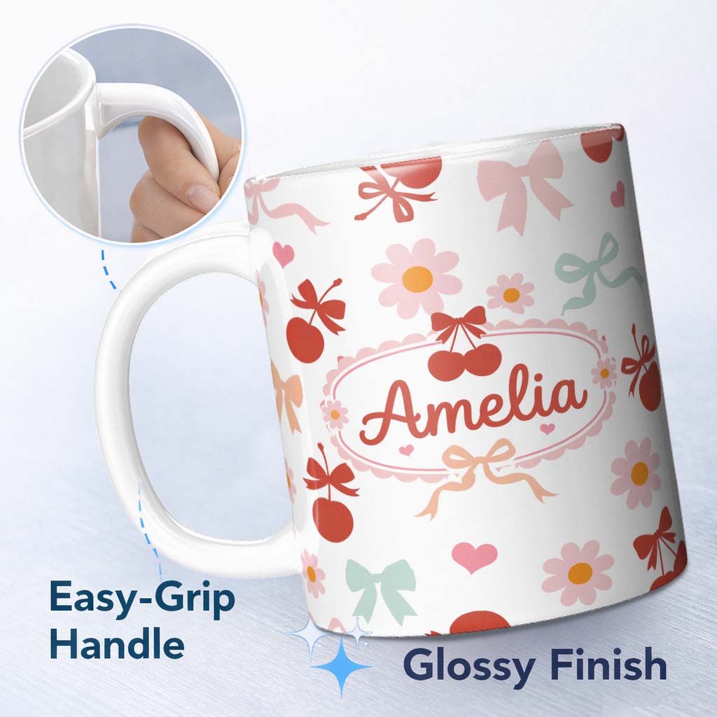 Personalized Custom Name Cute Cherry Bow Daisy Heart Seamless Pattern on Pale Blush Pink 11oz Ceramic Coffee Tea Mug White Large Handle