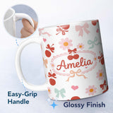 Personalized Custom Name Cute Cherry Bow Daisy Heart Seamless Pattern on Pale Blush Pink 11oz Ceramic Coffee Tea Mug White Large Handle