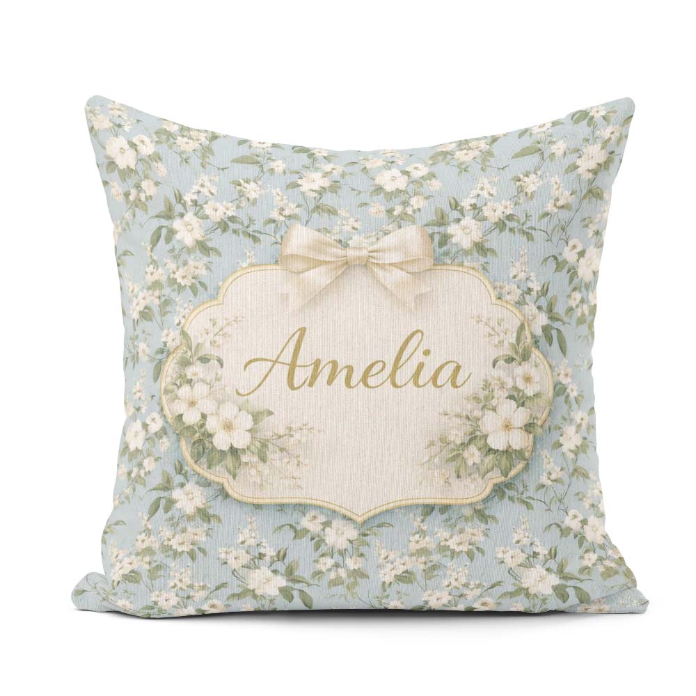 Custom Name Light Blue Ditsy Floral Small Blossom Repeat Cute Square Filled Cushion Throw Pillow Sofa Bed Home Decor Zip Washable UK Made