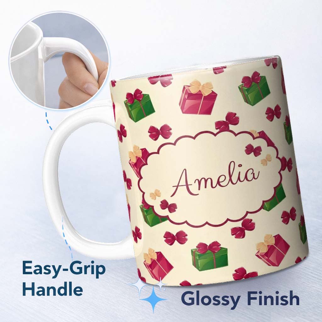 Personalized Custom Name Christmas Gift Boxes Bows Red Green Holiday Seamless Pattern Lovely 11oz Ceramic Coffee Tea Mug White Large Handle