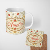 Personalized Custom Name Delicate Strawberry and Wildflower Botanical Seamless Pattern Lovely 11oz Ceramic Coffee Tea Mug White Large Handle