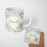 Personalized Custom Name Teddy Bear Floral Nursery Pattern Blue Background Seamless Lovely 11oz Ceramic Coffee Tea Mug White Large Handle