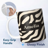 Personalized Custom Name Fluid Zebra Waves Black Cream Organic Stripe Pattern Lovely 11oz Ceramic Coffee Tea Mug White Large Handle