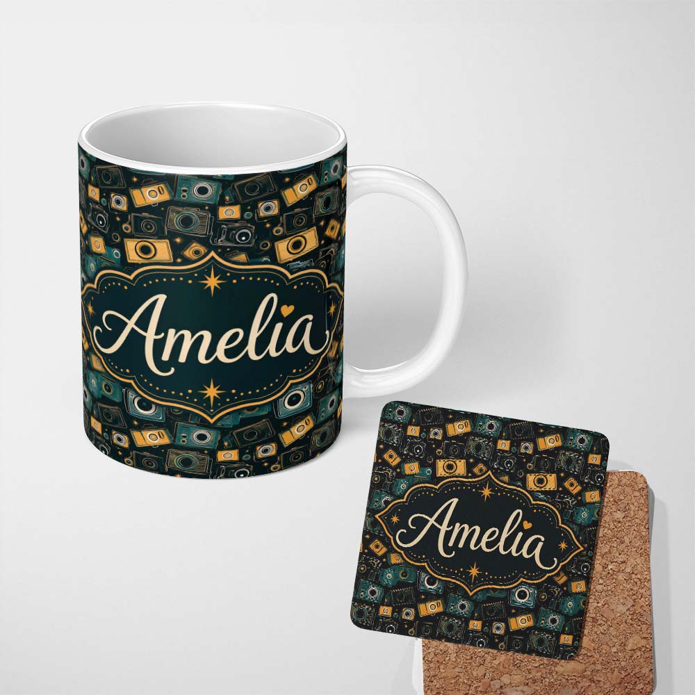 Personalized Custom Name Retro Camera Night Sky Seamless Pattern with Stars Dark Background 11oz Ceramic Coffee Tea Mug White Large Handle
