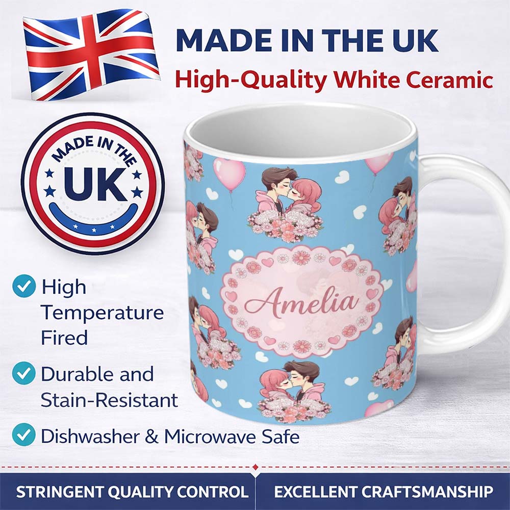 Personalized Custom Name Romantic Couple Kissing Floral Bouquet Hearts Seamless Pattern Blue 11oz Ceramic Coffee Tea Mug White Large Handle