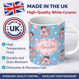 Personalized Custom Name Romantic Couple Kissing Floral Bouquet Hearts Seamless Pattern Blue 11oz Ceramic Coffee Tea Mug White Large Handle