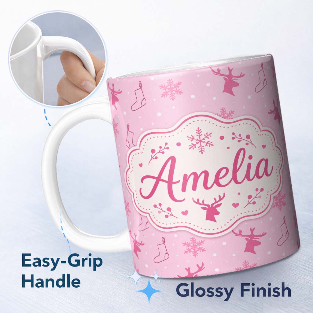 Personalized Custom Name Pink Reindeer Snowflake Winter Stocking Seamless Pattern Lovely 11oz Ceramic Coffee Tea Mug White Large Handle
