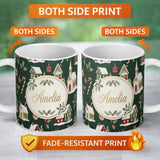 Personalized Custom Name Dark Vintage Christmas Village Houses Snowy Scene and Ornaments 11oz Ceramic Coffee Tea Mug White Large Handle