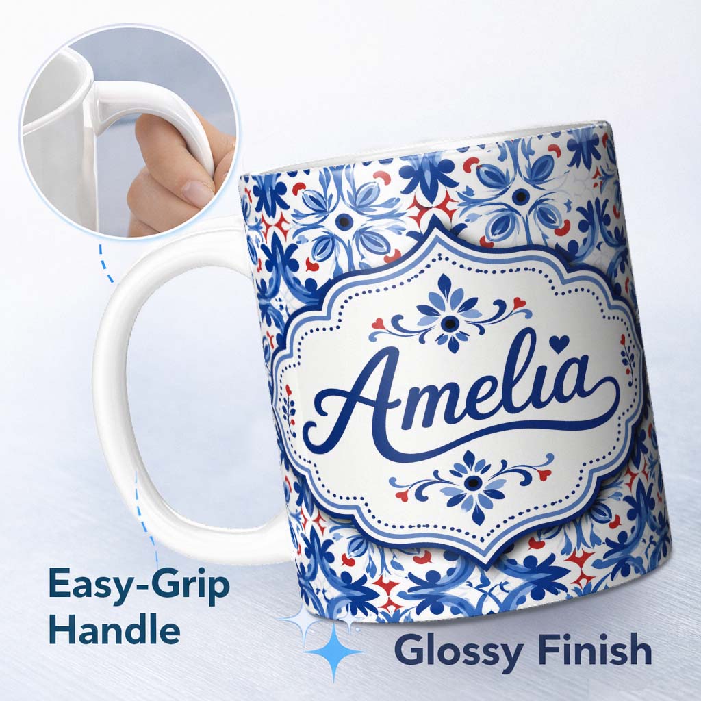 Personalized Custom Name Classic Blue Floral Portuguese Tile Pattern with Red Accents on 11oz Ceramic Coffee Tea Mug White Large Handle