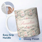 Personalized Custom Name Soft Pastel Peony Floral Garden Seamless Pattern Cute Unique Gift 11oz Ceramic Coffee Tea Mug White Large Handle