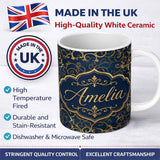 Personalized Custom Name Luxury Gold Floral Vine Scroll on Deep Blue Elegant Seamless Pattern 11oz Ceramic Coffee Tea Mug White Large Handle