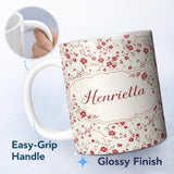 Personalized Custom Name Red Floral Cream Background Seamless Pattern Beautiful Coffee Cup 11oz Ceramic Coffee Tea Mug White Large Handle