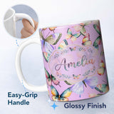 Personalized Custom Name Pastel Watercolor Butterflies Lavender Background Seamless Pattern 11oz Ceramic Coffee Tea Mug White Large Handle